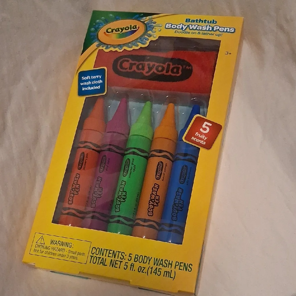 Crayola New Bathtub Time Body Wash Pens, Wash Cloth- 5 Fruity Colors & Scents